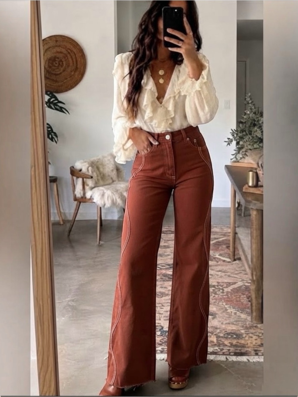 NWT Zara Brown Contrast Stitch Wide-Leg Jeans Rust  Size 2 W27/L32  100 cotton